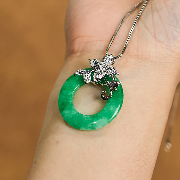 Buddha Stones Cyan Jade Frieden Schnalle Legierung Blume Heilung Glück Halskette Anhänger