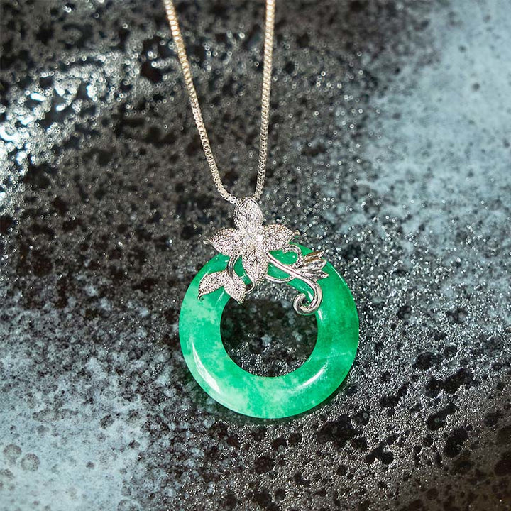 Buddha Stones Cyan Jade Frieden Schnalle Legierung Blume Heilung Glück Halskette Anhänger