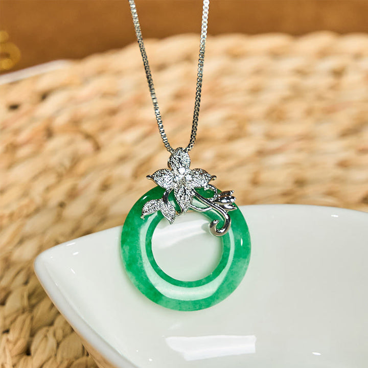 Buddha Stones Cyan Jade Frieden Schnalle Legierung Blume Heilung Glück Halskette Anhänger