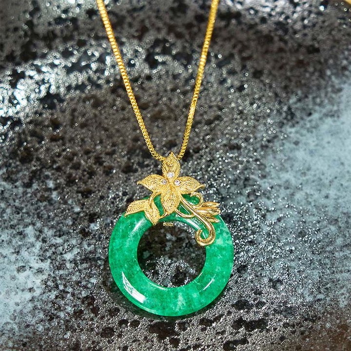 Buddha Stones Cyan Jade Frieden Schnalle Legierung Blume Heilung Glück Halskette Anhänger