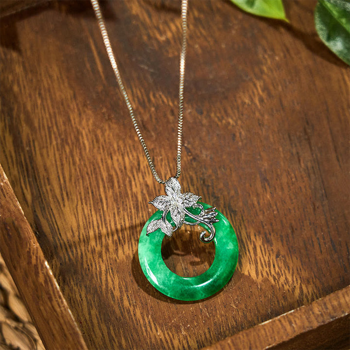 Buddha Stones Cyan Jade Frieden Schnalle Legierung Blume Heilung Glück Halskette Anhänger