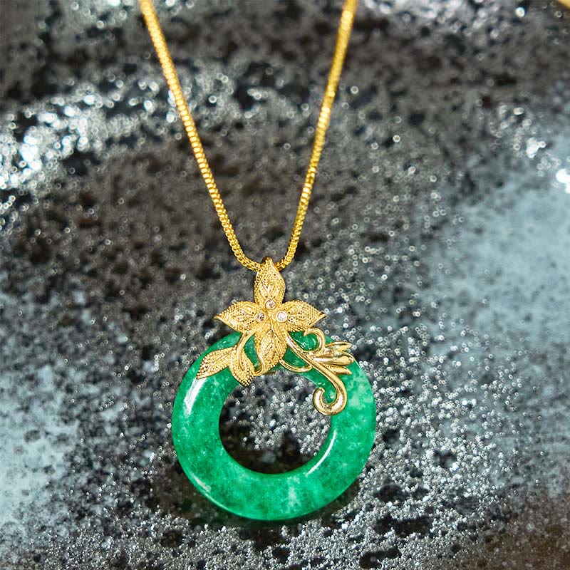 Buddha Stones Cyan Jade Frieden Schnalle Legierung Blume Heilung Glück Halskette Anhänger