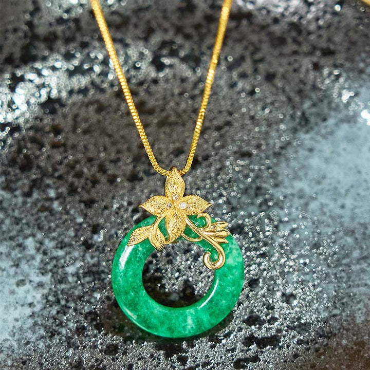 Buddha Stones Cyan Jade Frieden Schnalle Legierung Blume Heilung Glück Halskette Anhänger
