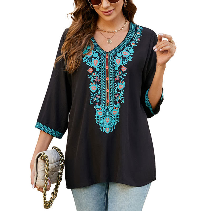 Buddha Stones Sommer Casual Stickerei Blume Blatt Halbarm V-Ausschnitt Baumwolle Damen T-Shirt - image 11