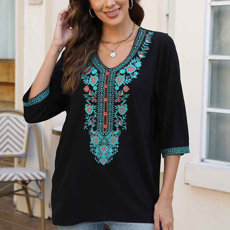 Buddha Stones Sommer Casual Stickerei Blume Blatt Halbarm V-Ausschnitt Baumwolle Damen T-Shirt - image 6