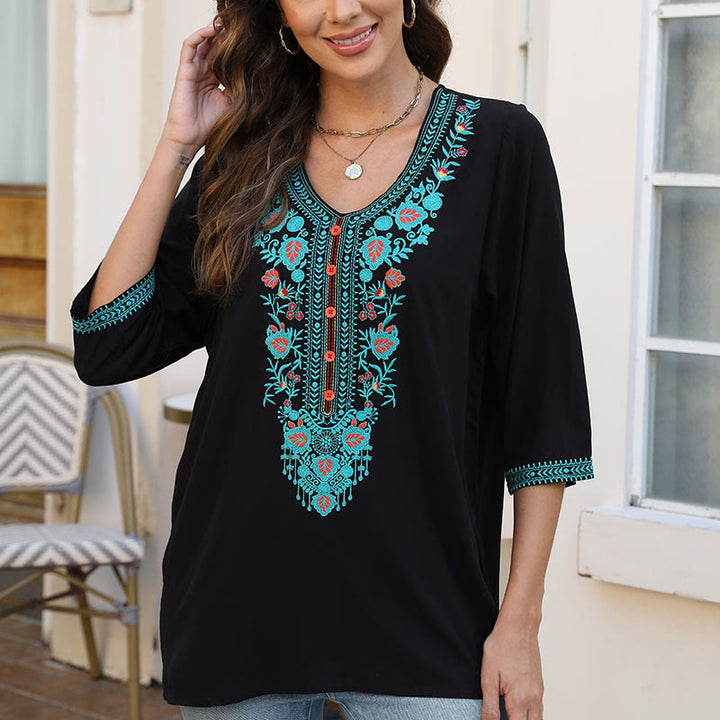 Buddha Stones Sommer Casual Stickerei Blume Blatt Halbarm V-Ausschnitt Baumwolle Damen T-Shirt - image 6