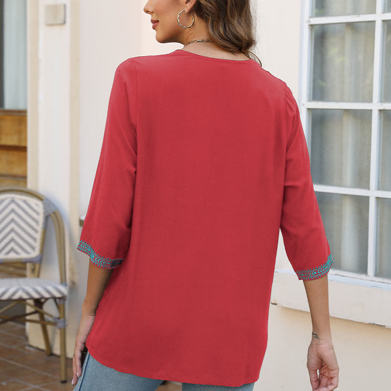 Buddha Stones Sommer Casual Stickerei Blume Blatt Halbarm V-Ausschnitt Baumwolle Damen T-Shirt - image 21