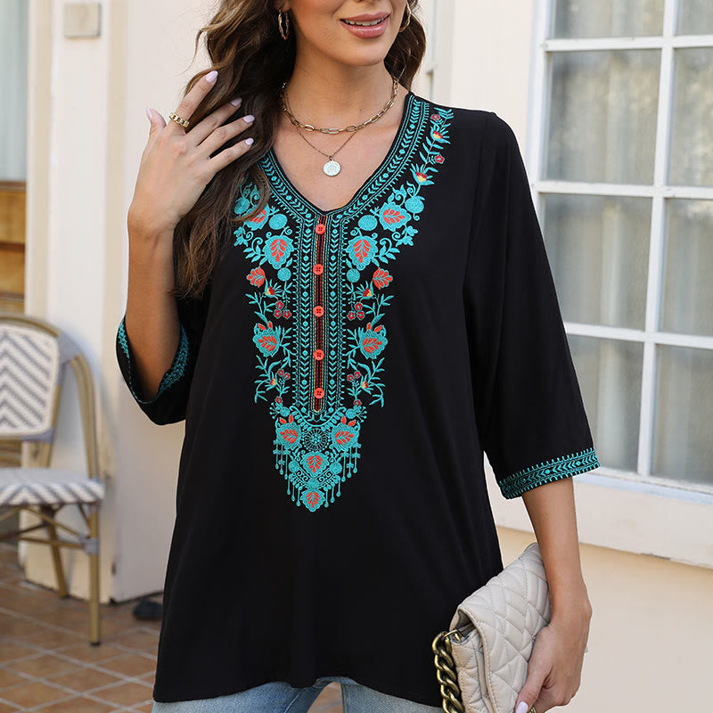 Buddha Stones Sommer Casual Stickerei Blume Blatt Halbarm V-Ausschnitt Baumwolle Damen T-Shirt - image 5