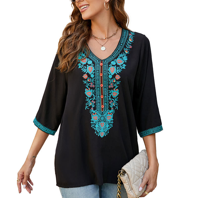 Buddha Stones Sommer Casual Stickerei Blume Blatt Halbarm V-Ausschnitt Baumwolle Damen T-Shirt - image 10