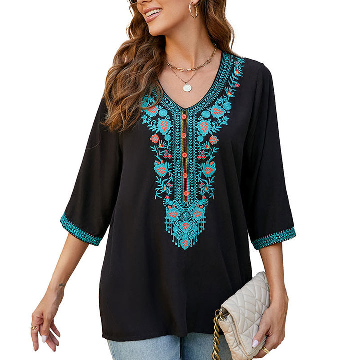 Buddha Stones Sommer Casual Stickerei Blume Blatt Halbarm V-Ausschnitt Baumwolle Damen T-Shirt - image 10