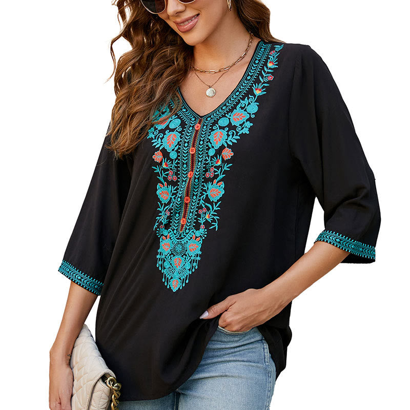Buddha Stones Sommer Casual Stickerei Blume Blatt Halbarm V-Ausschnitt Baumwolle Damen T-Shirt - image 8