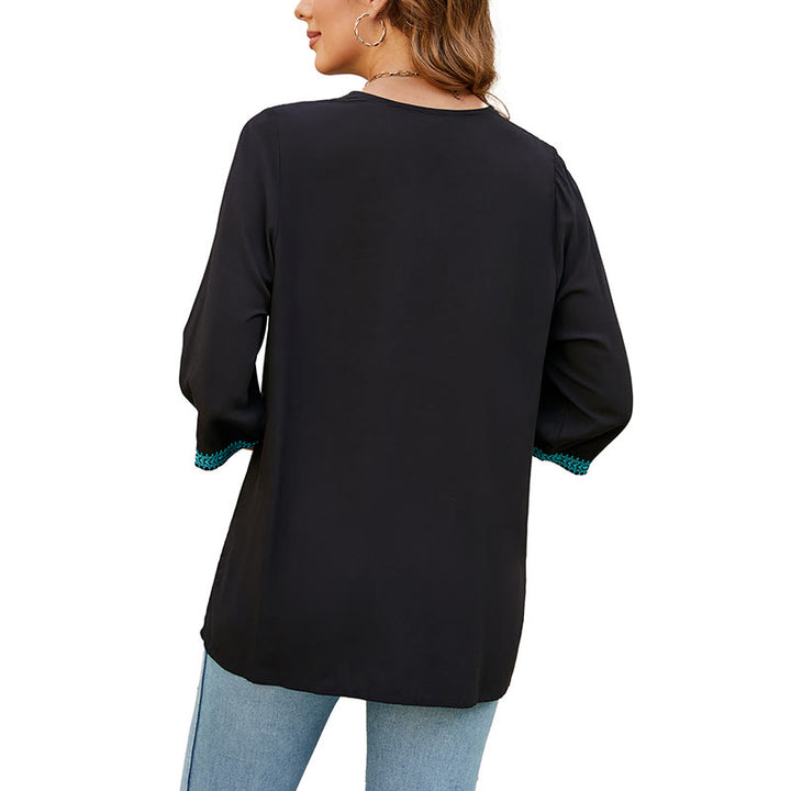 Buddha Stones Sommer Casual Stickerei Blume Blatt Halbarm V-Ausschnitt Baumwolle Damen T-Shirt - image 12