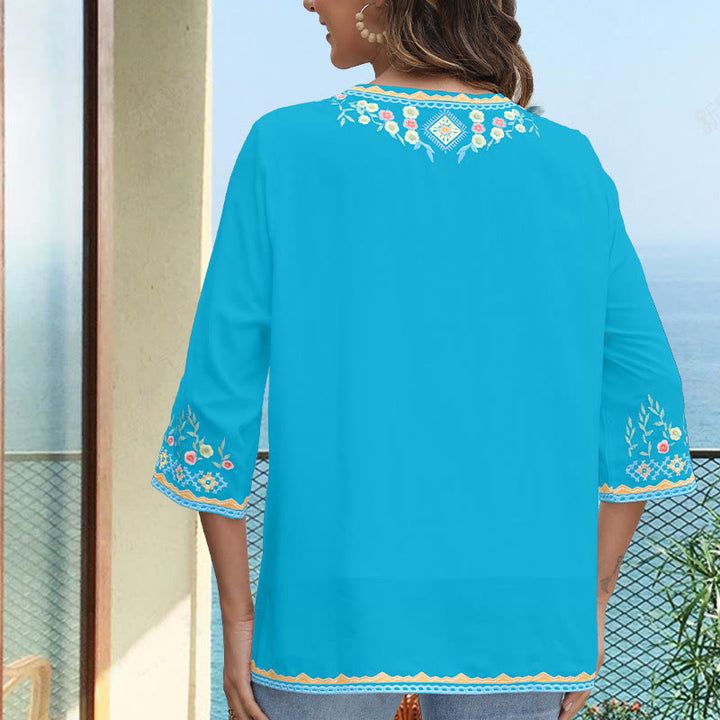 Buddha Stones Spring Daily Stickerei Blumenmuster Langarm V-Ausschnitt Baumwolle Damen T-Shirt