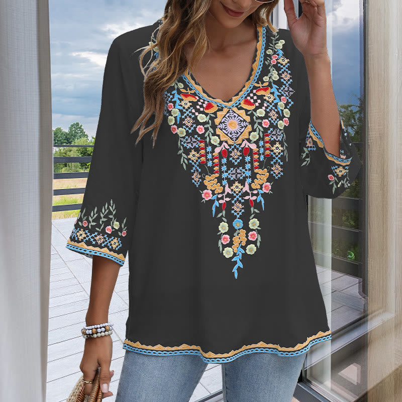 Buddha Stones Spring Daily Stickerei Blumenmuster Langarm V-Ausschnitt Baumwolle Damen T-Shirt