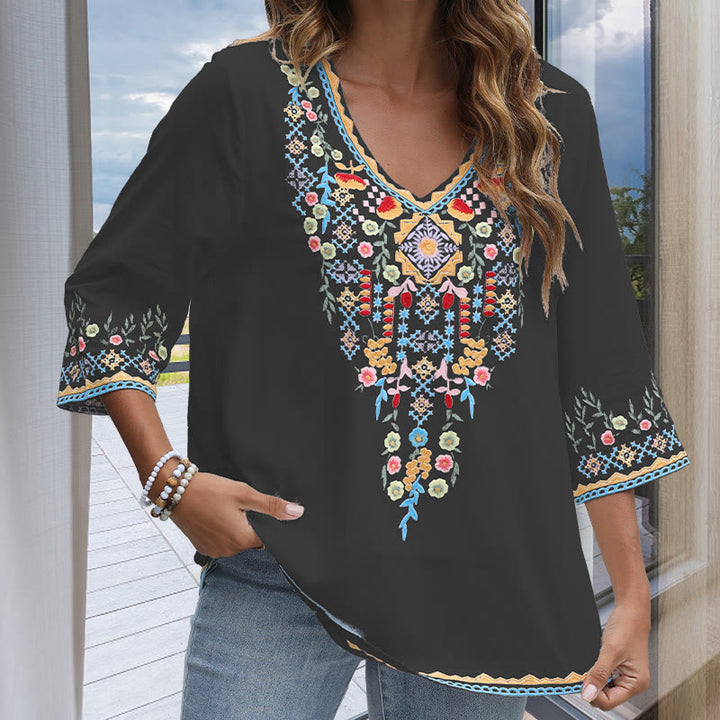 Buddha Stones Spring Daily Stickerei Blumenmuster Langarm V-Ausschnitt Baumwolle Damen T-Shirt