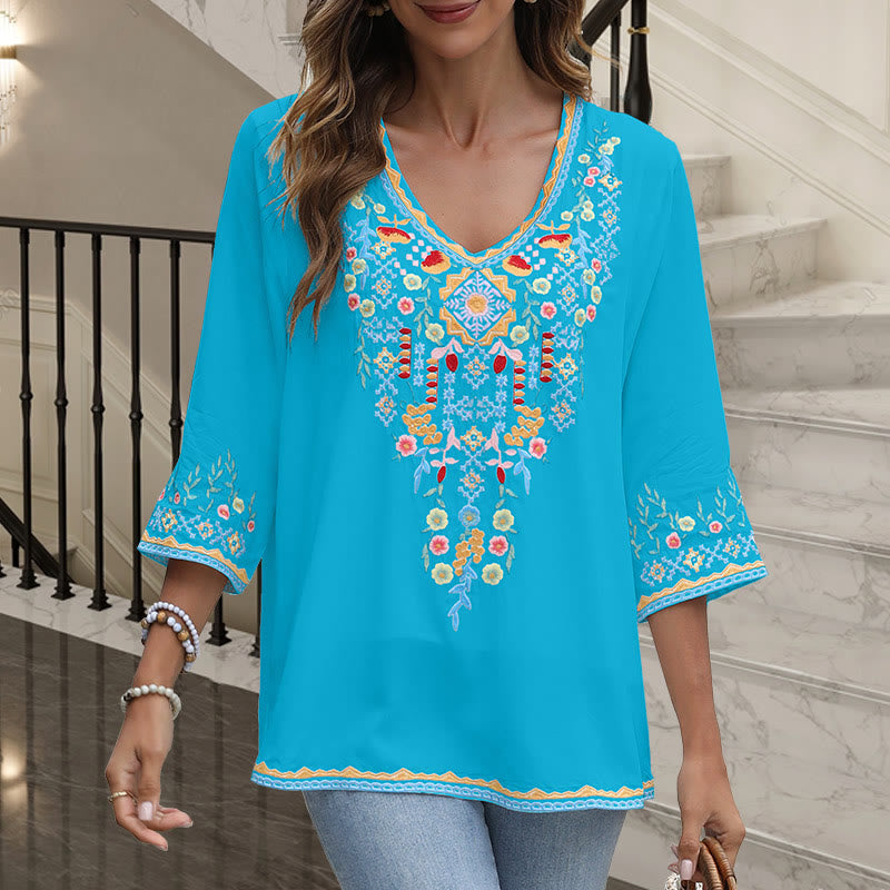 Buddha Stones Spring Daily Stickerei Blumenmuster Langarm V-Ausschnitt Baumwolle Damen T-Shirt
