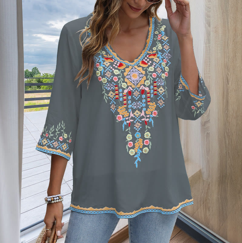 Buddha Stones Spring Daily Stickerei Blumenmuster Langarm V-Ausschnitt Baumwolle Damen T-Shirt