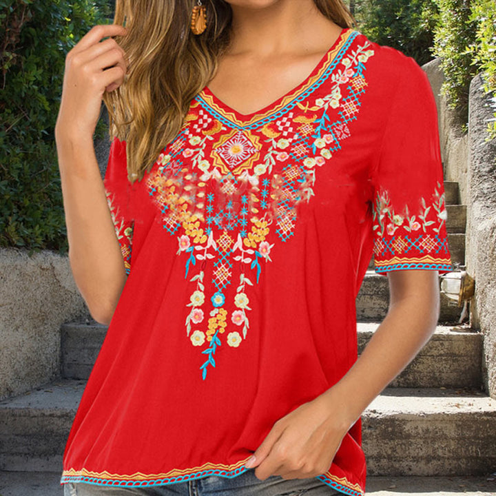 Damen-T-Shirt aus Baumwolle mit Buddha Stones -Stickerei und Blumen-Design, kurzärmelig, V-Ausschnitt