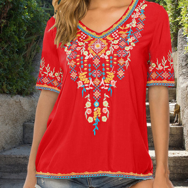 Damen-T-Shirt aus Baumwolle mit Buddha Stones -Stickerei und Blumen-Design, kurzärmelig, V-Ausschnitt