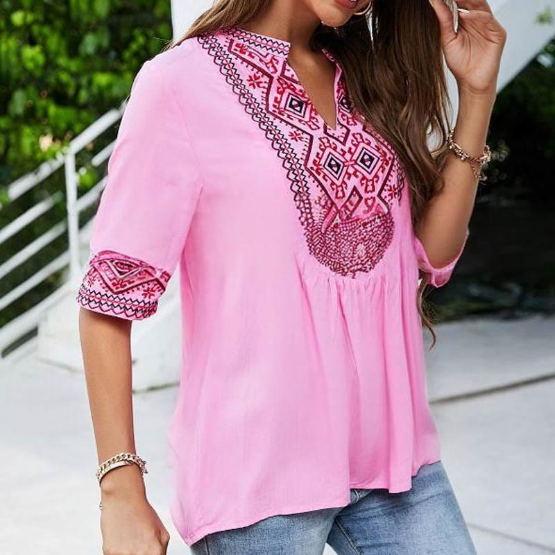 Buddha Stones Sommer Boho Stickerei Blumenmuster Halbarm V-Ausschnitt Baumwolle Damen T-Shirt
