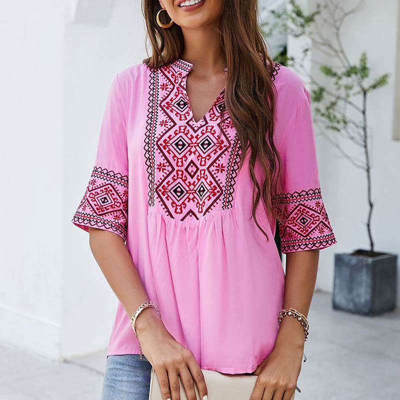 Buddha Stones Sommer Boho Stickerei Blumenmuster Halbarm V-Ausschnitt Baumwolle Damen T-Shirt