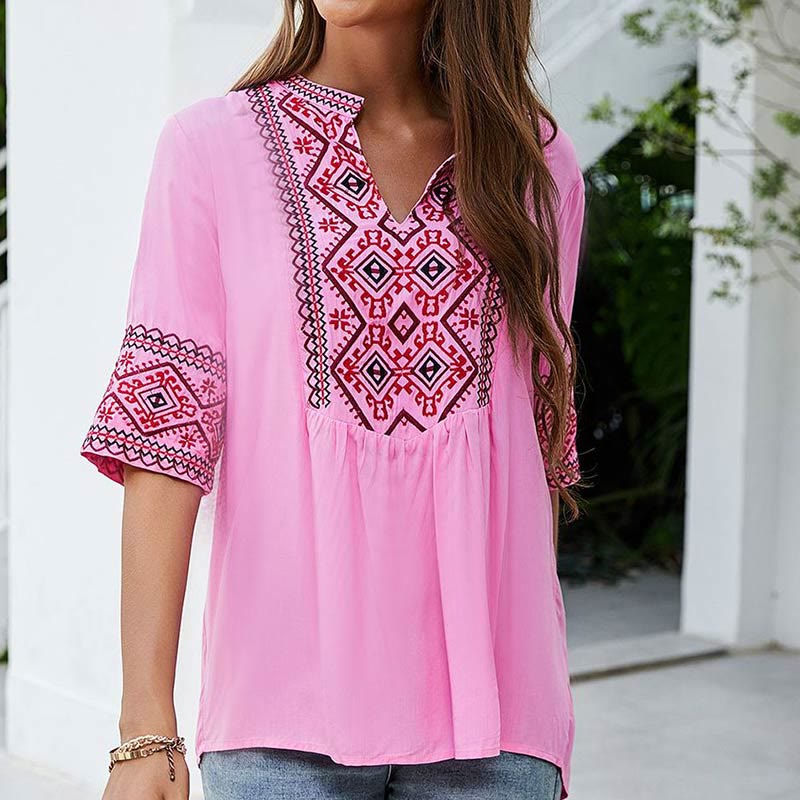 Buddha Stones Sommer Boho Stickerei Blumenmuster Halbarm V-Ausschnitt Baumwolle Damen T-Shirt