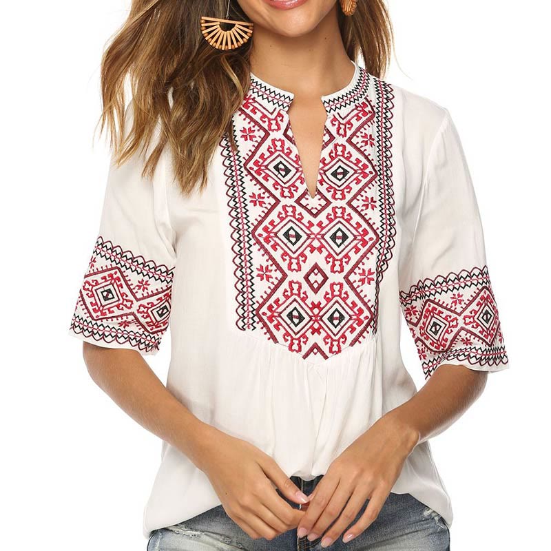 Buddha Stones Sommer Boho Stickerei Blumenmuster Halbarm V-Ausschnitt Baumwolle Damen T-Shirt