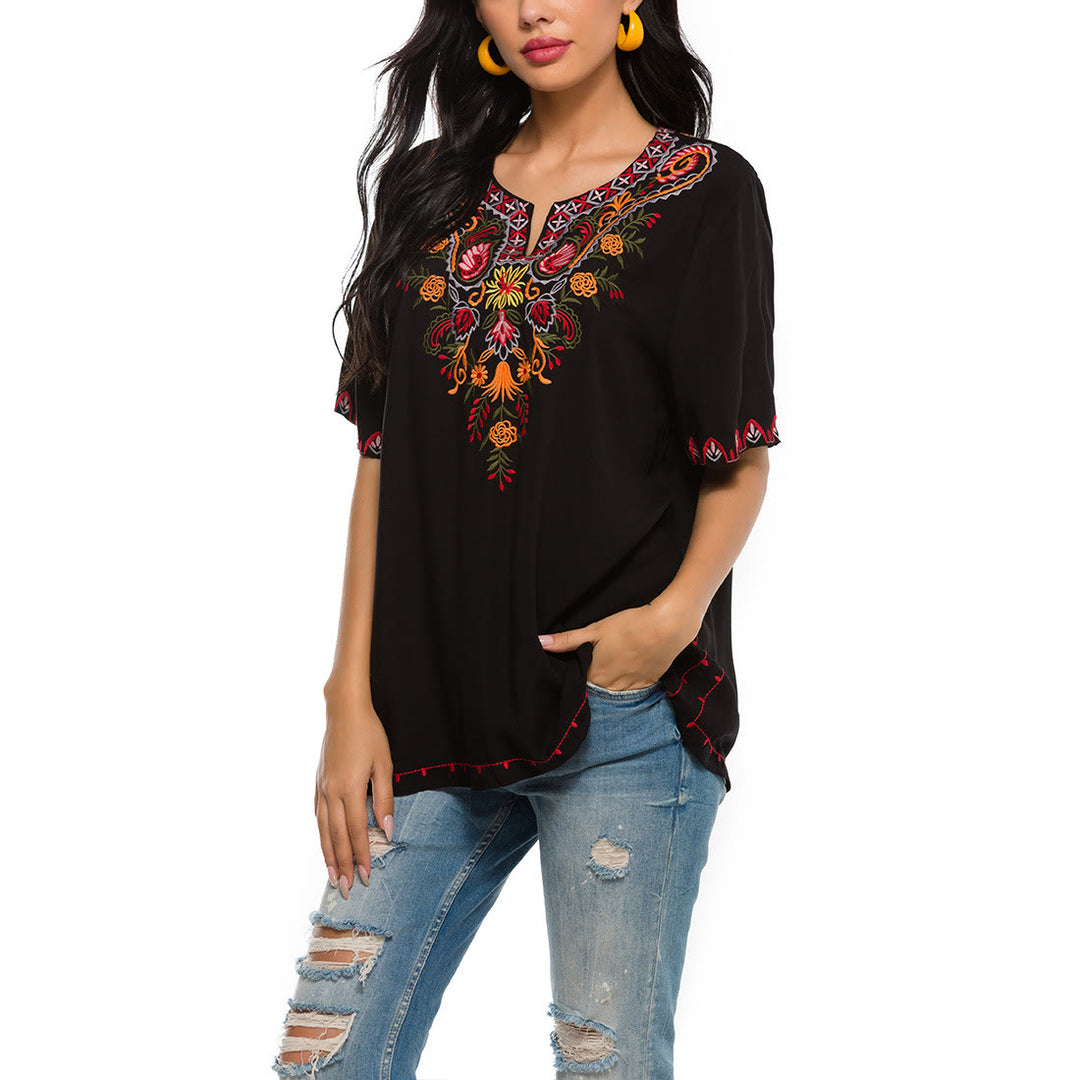 Buddha Stones Schwarzes lässiges Damen-T-Shirt aus Baumwolle mit halblangen Ärmeln und Blumenmuster