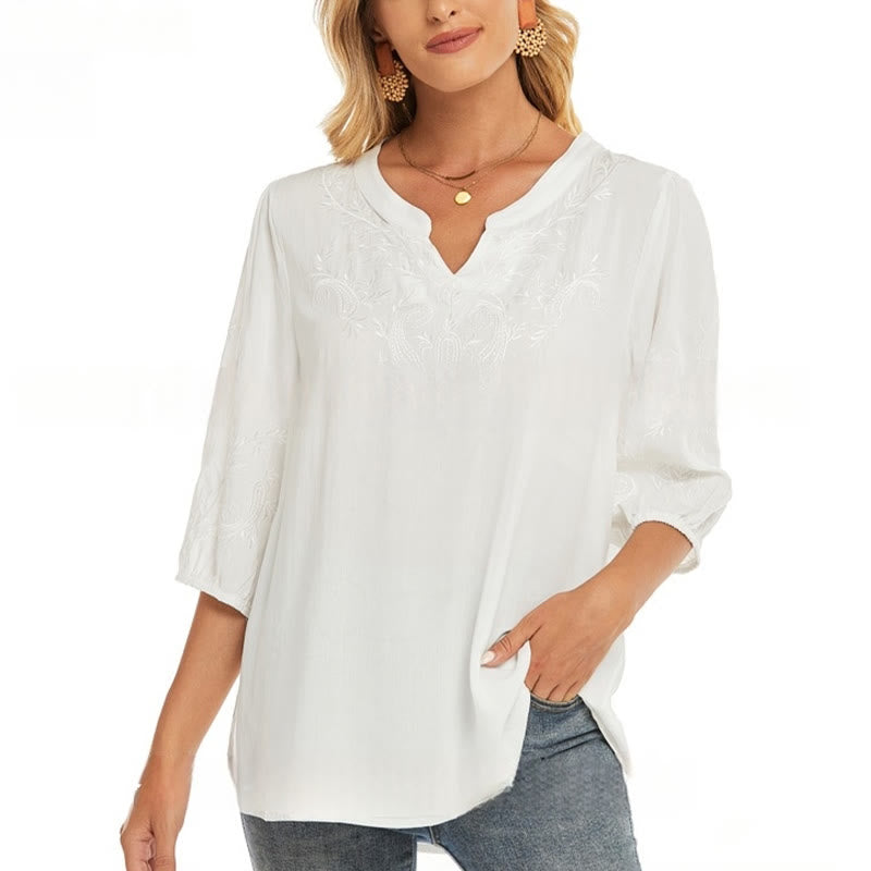 Lässiges Damen-T-Shirt aus Baumwolle mit Buddha Stones, einfarbiger Stickerei und Blumenmuster, Dreiviertelärmel