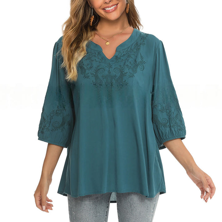 Lässiges Damen-T-Shirt aus Baumwolle mit Buddha Stones, einfarbiger Stickerei und Blumenmuster, Dreiviertelärmel