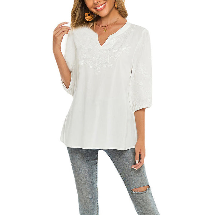 Lässiges Damen-T-Shirt aus Baumwolle mit Buddha Stones, einfarbiger Stickerei und Blumenmuster, Dreiviertelärmel