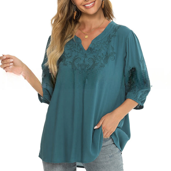 Lässiges Damen-T-Shirt aus Baumwolle mit Buddha Stones, einfarbiger Stickerei und Blumenmuster, Dreiviertelärmel