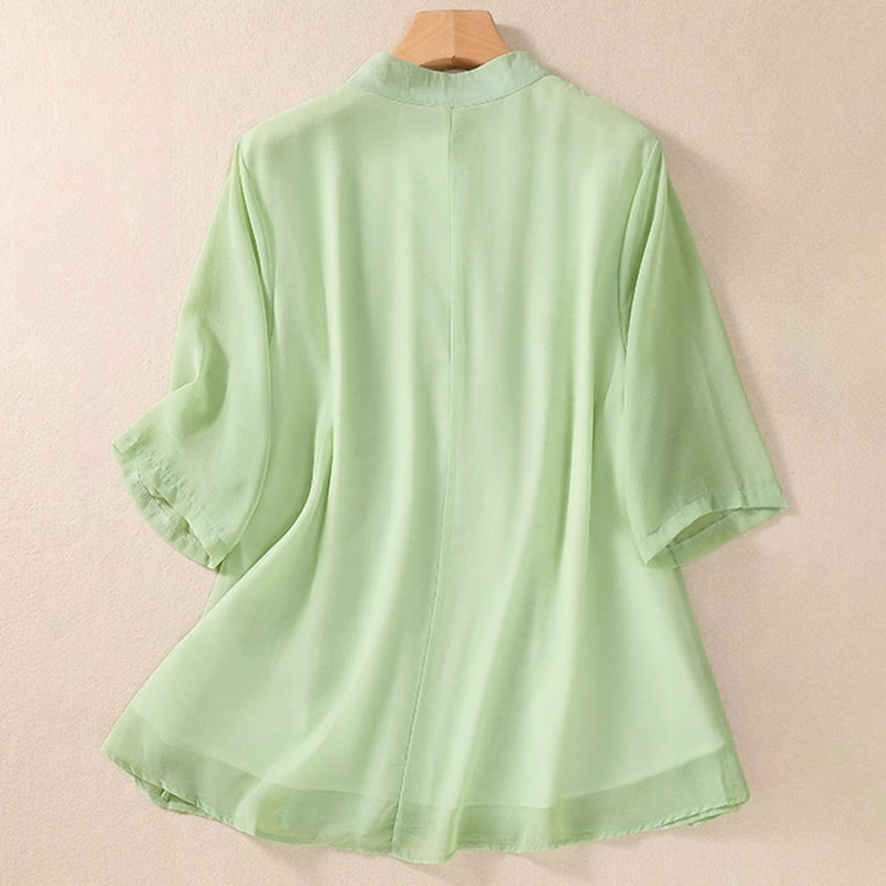 Buddha Stones Stickerei Pflanzen Blume Halbarm Plain Frosch-Knopf Stehkragen Damen Shirt