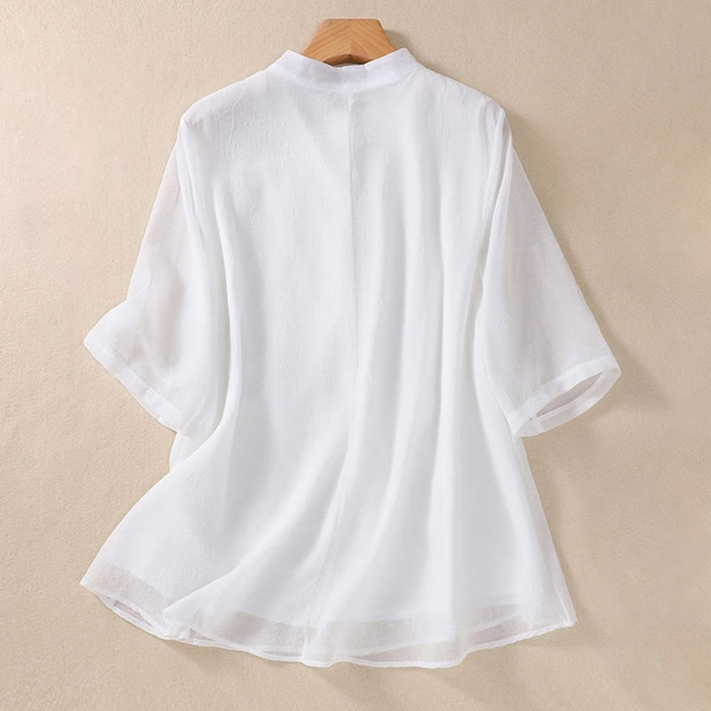 Buddha Stones Stickerei Pflanzen Blume Halbarm Plain Frosch-Knopf Stehkragen Damen Shirt