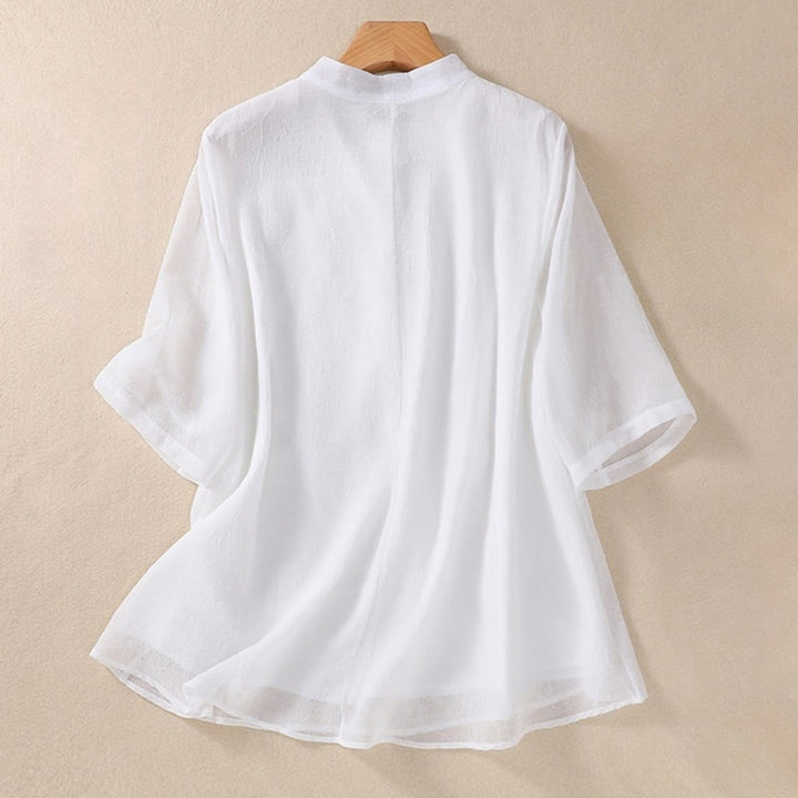 Buddha Stones Stickerei Pflanzen Blume Halbarm Plain Frosch-Knopf Stehkragen Damen Shirt