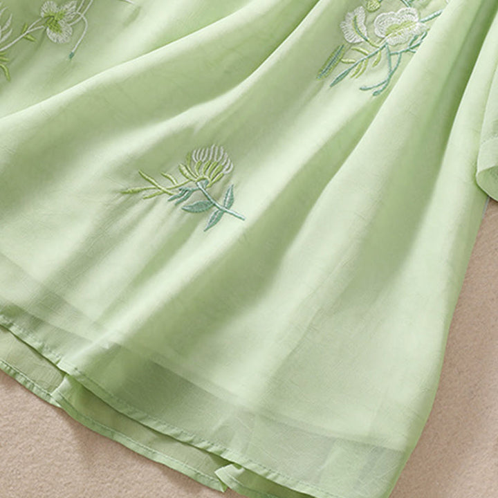 Buddha Stones Stickerei Pflanzen Blume Halbarm Plain Frosch-Knopf Stehkragen Damen Shirt