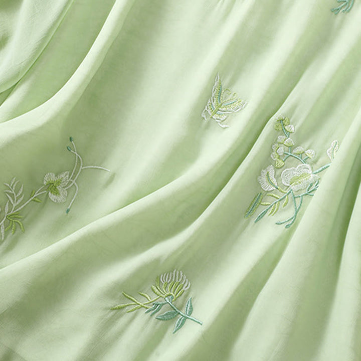 Buddha Stones Stickerei Pflanzen Blume Halbarm Plain Frosch-Knopf Stehkragen Damen Shirt