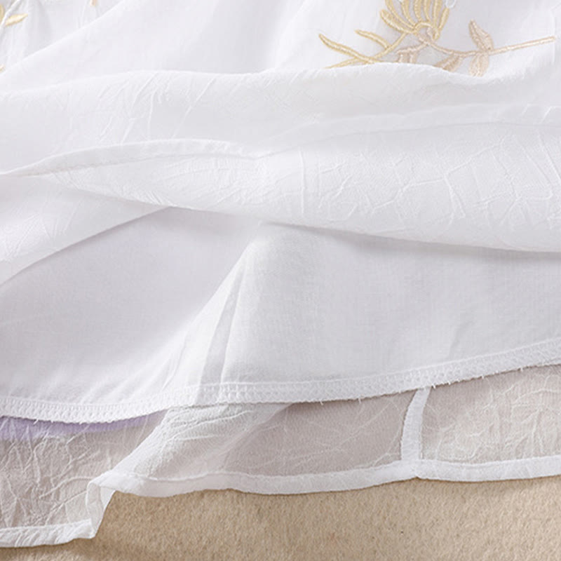 Buddha Stones Stickerei Pflanzen Blume Halbarm Plain Frosch-Knopf Stehkragen Damen Shirt