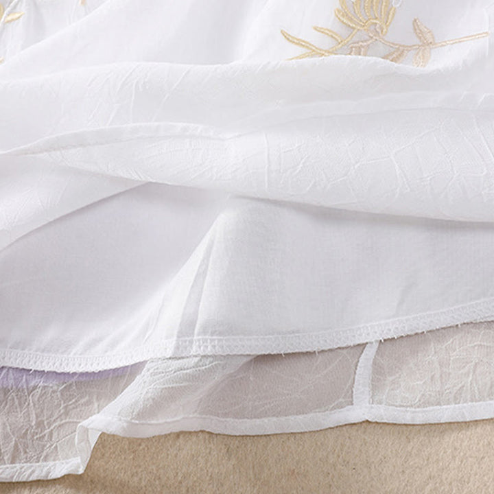 Buddha Stones Stickerei Pflanzen Blume Halbarm Plain Frosch-Knopf Stehkragen Damen Shirt