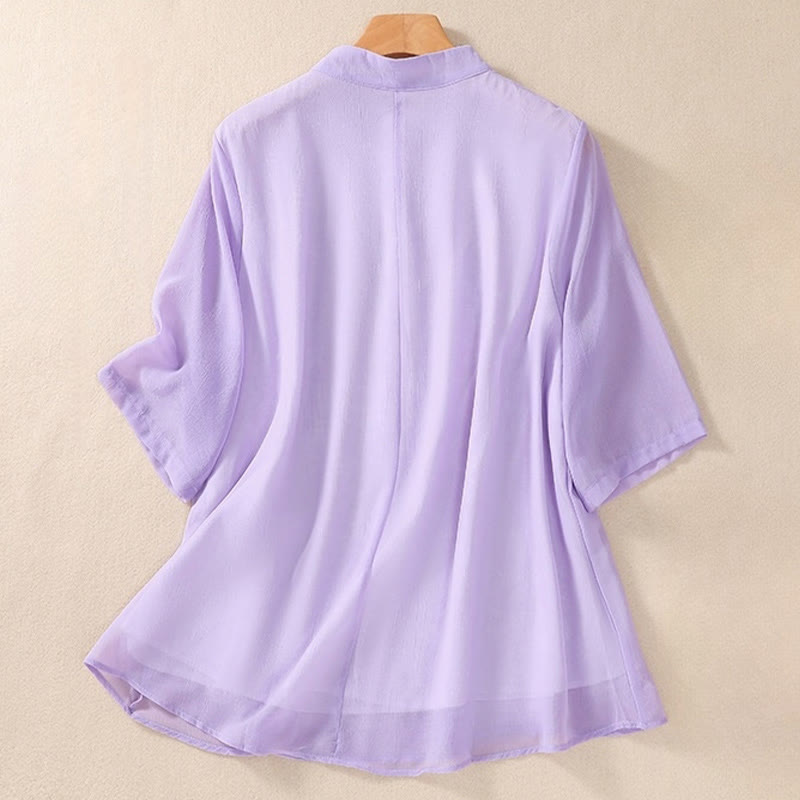 Buddha Stones Stickerei Pflanzen Blume Halbarm Plain Frosch-Knopf Stehkragen Damen Shirt