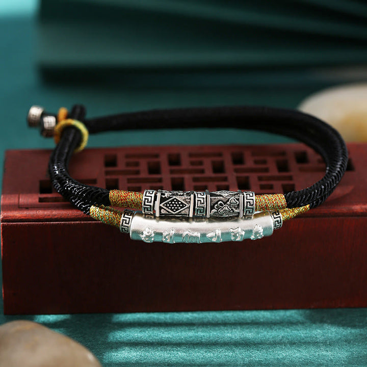 Buddha Stones Drachenknoten Sterling Silber Om Mani Padme Hum Doppeltes handgewebtes Armband - Schwarze Schnur (Handgelenkumfang: 15–20 cm) - image 0