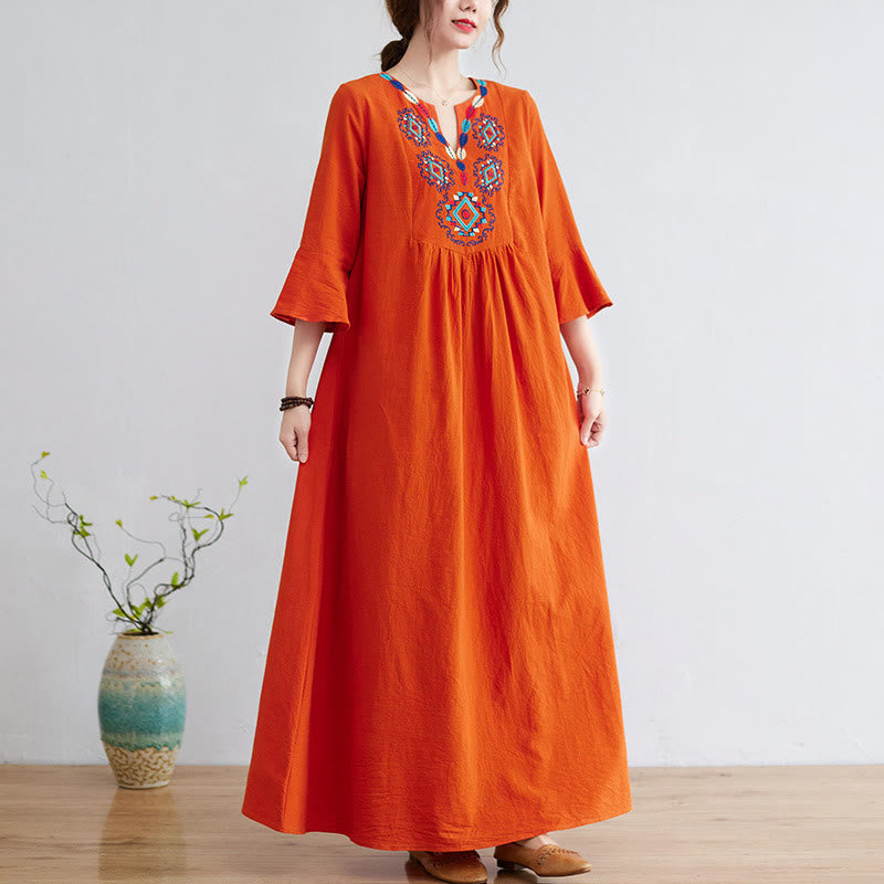 Loses, schlichtes Maxikleid aus Baumwolle und Leinen mit Buddha Stones und ethnischer Stickerei und Blumenmuster, Dreiviertelärmel - OrangeRot - US8-10, UK/AU12-14,EU40-42 (2XL) - image 9