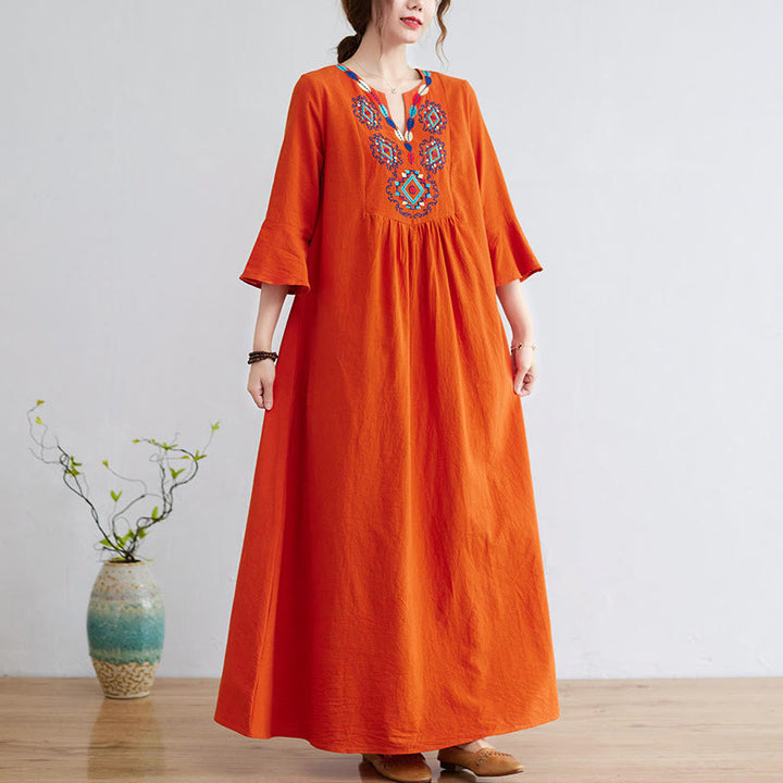 Loses, schlichtes Maxikleid aus Baumwolle und Leinen mit Buddha Stones und ethnischer Stickerei und Blumenmuster, Dreiviertelärmel - OrangeRot - US8-10, UK/AU12-14,EU40-42 (2XL) - image 9