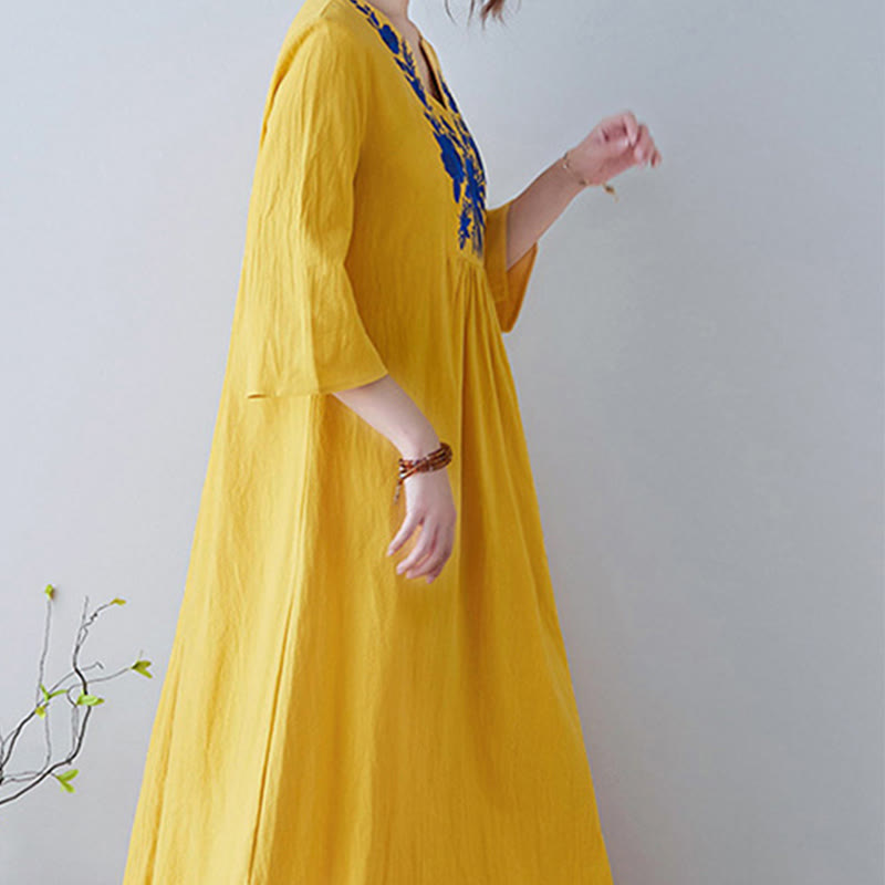 Buddha Stones Lässiges Maxikleid aus Baumwolle und Leinen mit Stickerei im Bohemia-Stil, Blumenmuster, schlichtes Design, Dreiviertelärmel, V-Ausschnitt - image 4