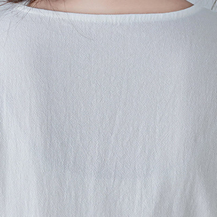 Buddha Stones Lässiges Maxikleid aus Baumwolle und Leinen mit Stickerei im Bohemia-Stil, Blumenmuster, schlichtes Design, Dreiviertelärmel, V-Ausschnitt - image 10