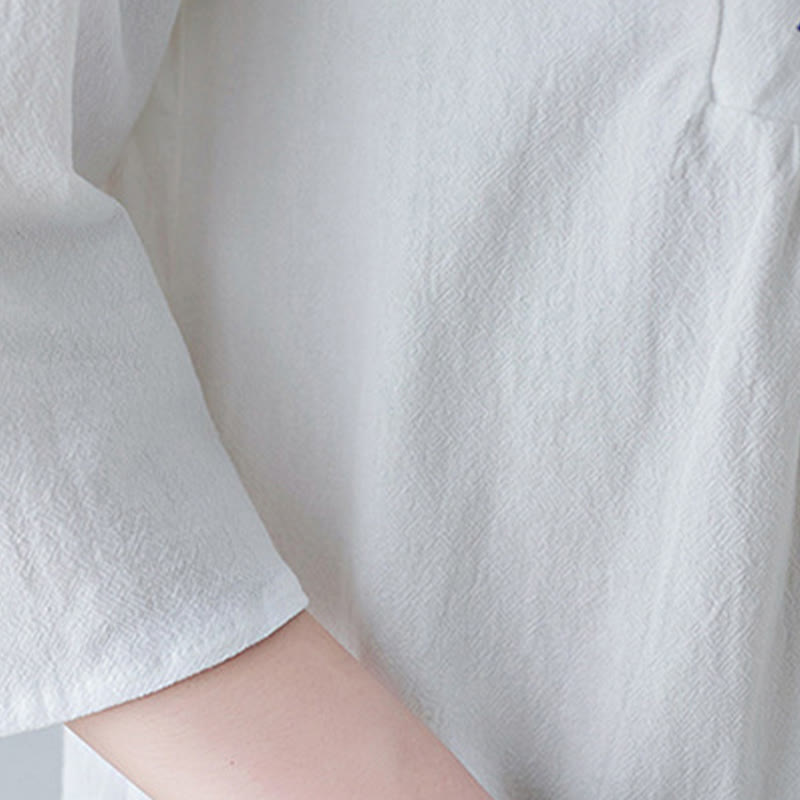 Buddha Stones Lässiges Maxikleid aus Baumwolle und Leinen mit Stickerei im Bohemia-Stil, Blumenmuster, schlichtes Design, Dreiviertelärmel, V-Ausschnitt - image 9