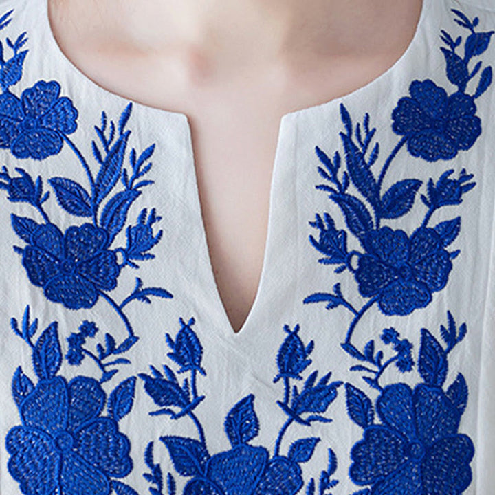 Buddha Stones Lässiges Maxikleid aus Baumwolle und Leinen mit Stickerei im Bohemia-Stil, Blumenmuster, schlichtes Design, Dreiviertelärmel, V-Ausschnitt - image 8