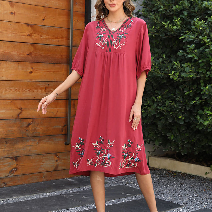 Buddha Stones Indianred Retro Ethno Stickerei Lange Laternenärmel Baumwolle Midikleid