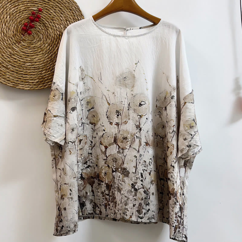 Buddha Stones Lässiges, lockeres, bedrucktes Petal Bush-T-Shirt aus Polyester mit Rundhalsausschnitt und halblangen Ärmeln für Damen