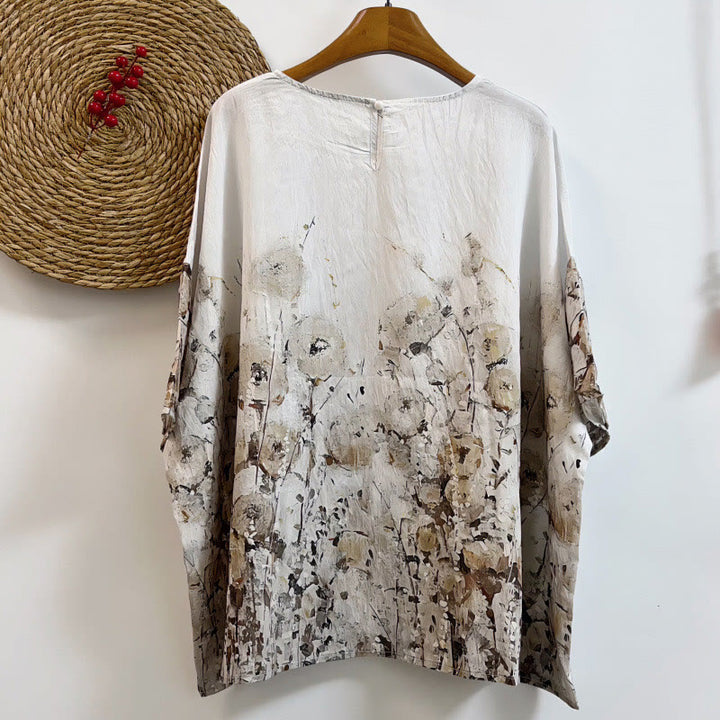 Buddha Stones Lässiges, lockeres, bedrucktes Petal Bush-T-Shirt aus Polyester mit Rundhalsausschnitt und halblangen Ärmeln für Damen